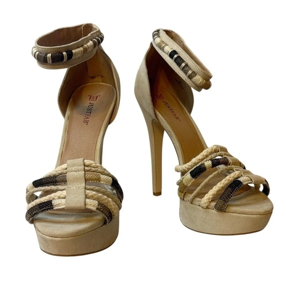LIKE NEW IN BOX JustFab Size 10 Woven Rope Ankle Strap Platform Stiletto Heels
